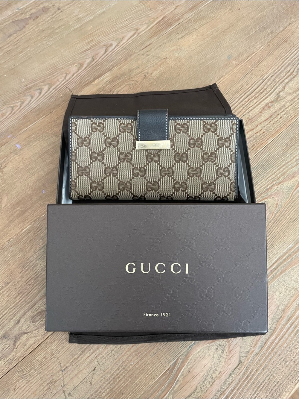 Gucci Vintage GG Canvas Continental Wallet Dark Brown Leather